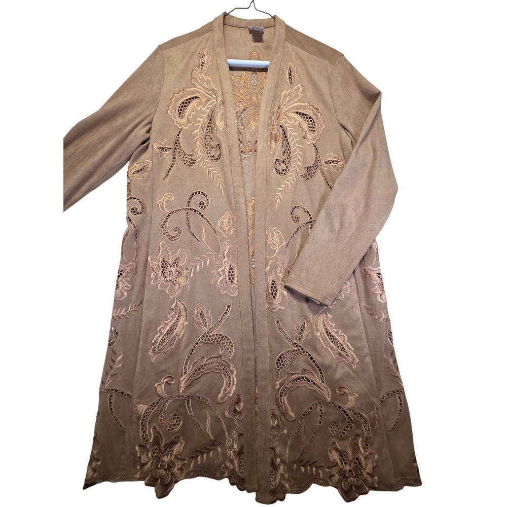 Chicos Faux Suede Embroidered Eyelet Open Front Cardigan Boho Tan SM